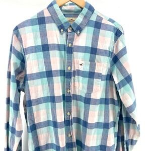 Hollister Mens Teal Blue Pink Plaid Epic Flex Stretch Button-Down Shirt Size XL